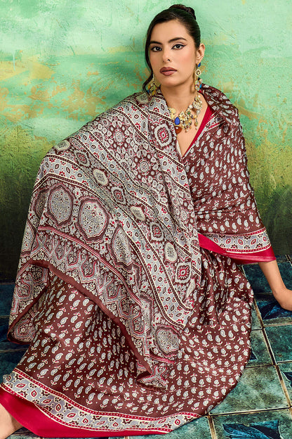 Evanescent Brown Ajrakh Printed Semi Modal Silk Saree With Proficient Blouse Piece