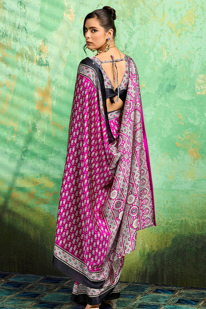 Artistic Purple Ajrakh Printed Semi Modal Silk Saree With Outstanding Blouse Piece