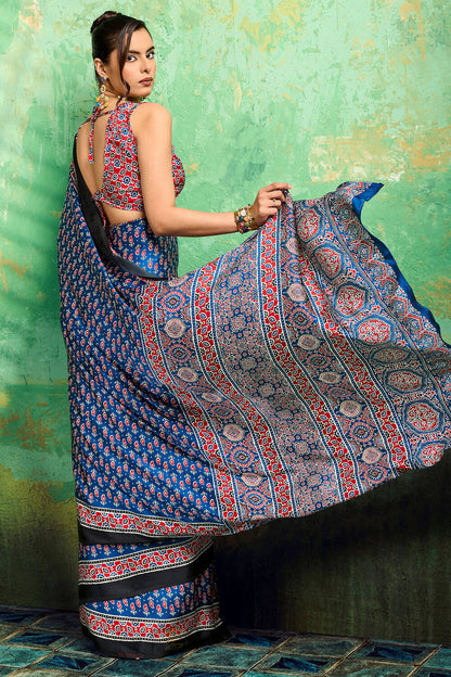 Excellent Blue Ajrakh Printed Semi Modal Silk Saree With Supernal Blouse Piece