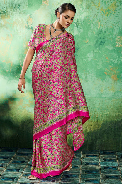 Whimsical Dark Pink Ajrakh Printed Semi Modal Silk Saree With Vibrant Blouse Piece