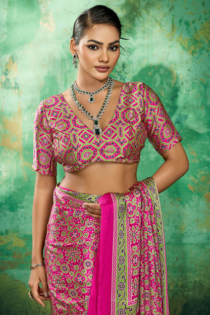 Whimsical Dark Pink Ajrakh Printed Semi Modal Silk Saree With Vibrant Blouse Piece