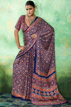 Lassitude Navy Blue Ajrakh Printed Semi Modal Silk Saree With Improbable Blouse Piece