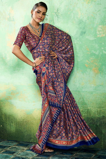 Lassitude Navy Blue Ajrakh Printed Semi Modal Silk Saree With Improbable Blouse Piece
