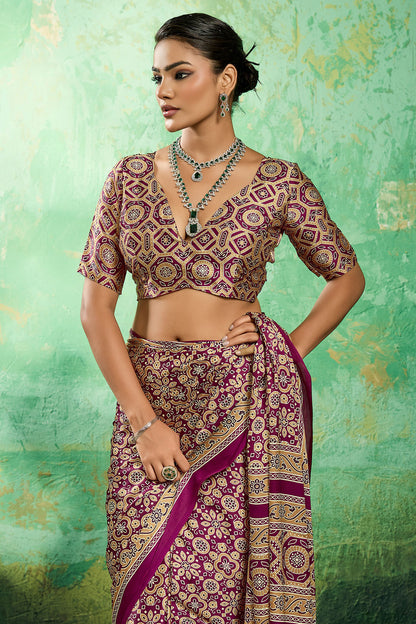 Comely Purple Ajrakh Printed Semi Modal Silk Saree With Charming Blouse Piece