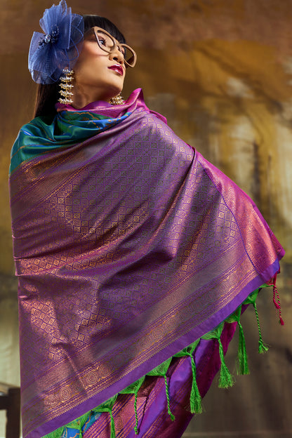 Brood Rama Pure Zari Weaving Banarasi Silk Saree With Sophisticated Blouse Piece