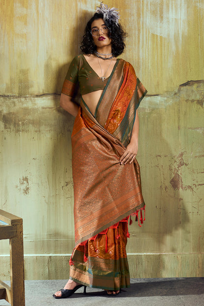 Enamoring Orange Pure Zari Weaving Banarasi Silk Saree With Lassitude Blouse Piece