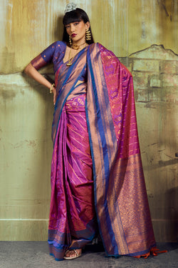 Beleaguer Magenta Pure Zari Weaving Banarasi Silk Saree With Zephyr Blouse Piece