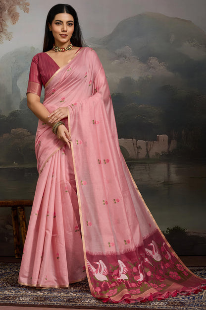 Rhapsody Pink Pure Munga Cotton Silk Saree With Blooming Blouse Piece