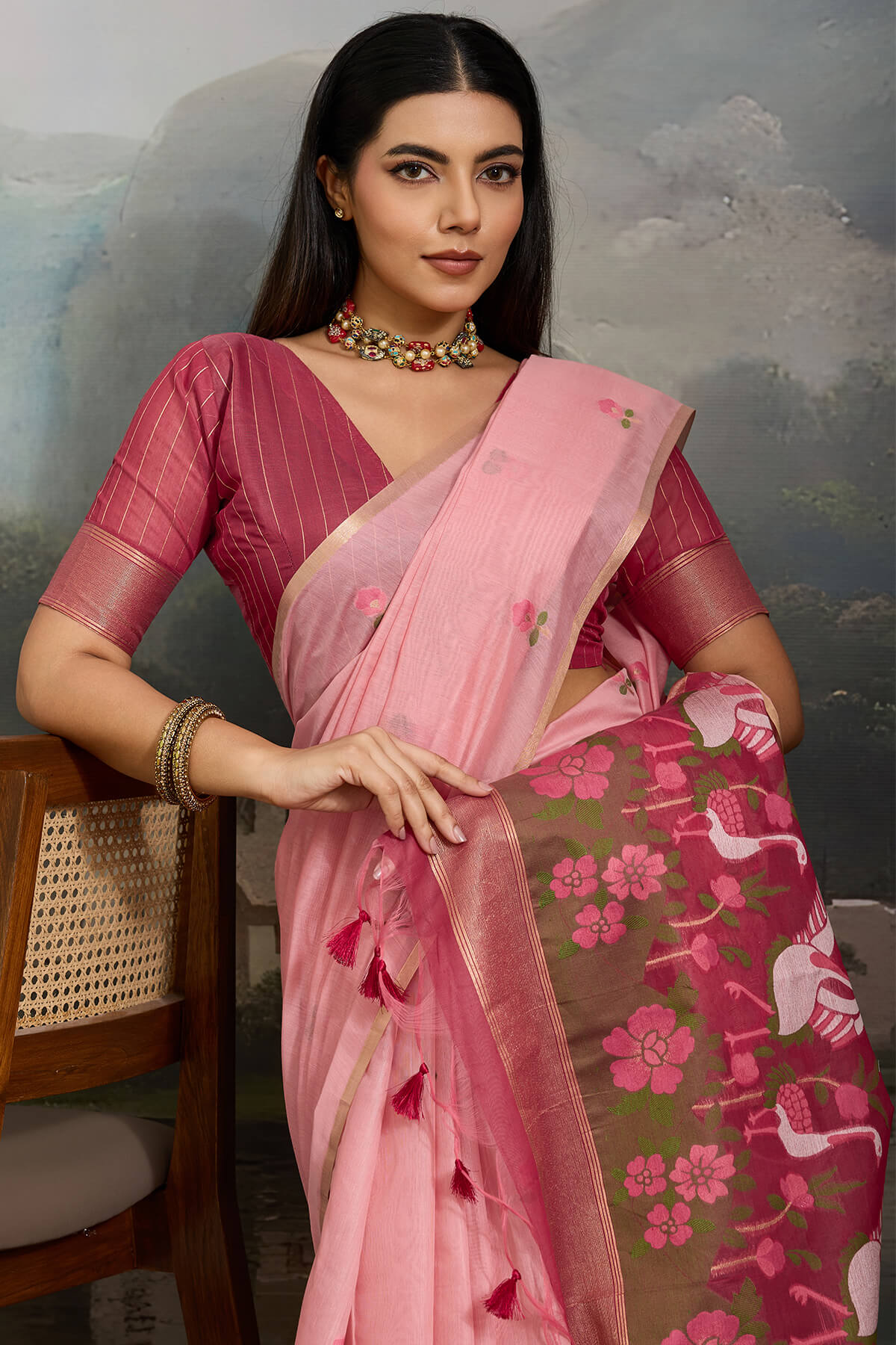 Rhapsody Pink Pure Munga Cotton Silk Saree With Blooming Blouse Piece