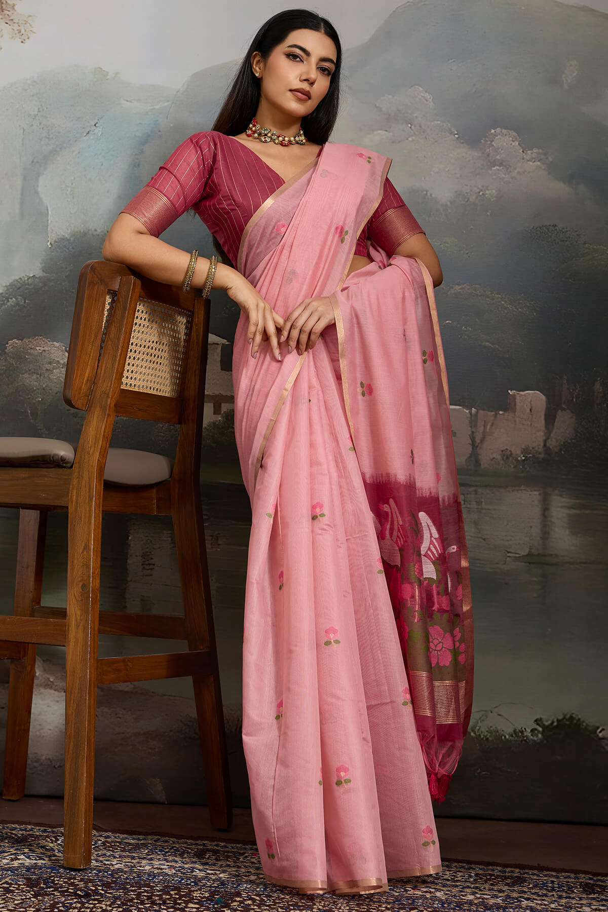 Rhapsody Pink Pure Munga Cotton Silk Saree With Blooming Blouse Piece