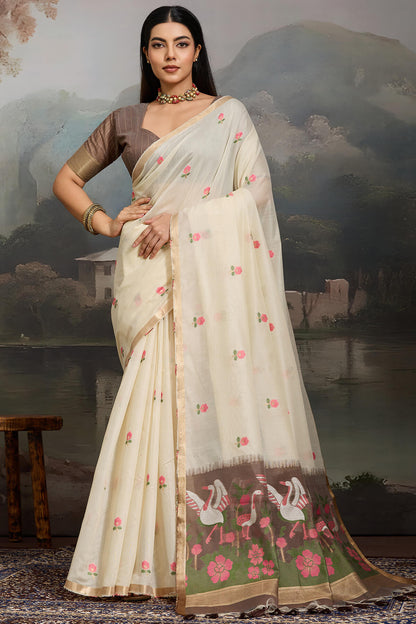 Evanescent Beige Pure Munga Cotton Silk Saree With Girlish Blouse Piece