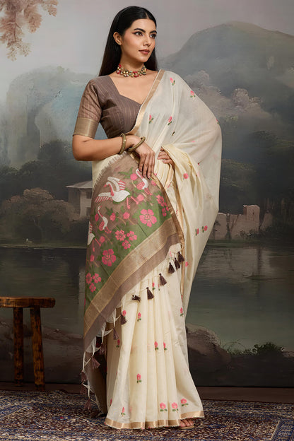 Evanescent Beige Pure Munga Cotton Silk Saree With Girlish Blouse Piece