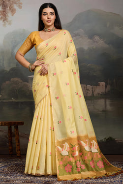 Engaging Yellow Pure Munga Cotton Silk Saree With Enigmatic Blouse Piece