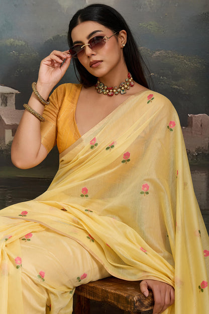 Engaging Yellow Pure Munga Cotton Silk Saree With Enigmatic Blouse Piece