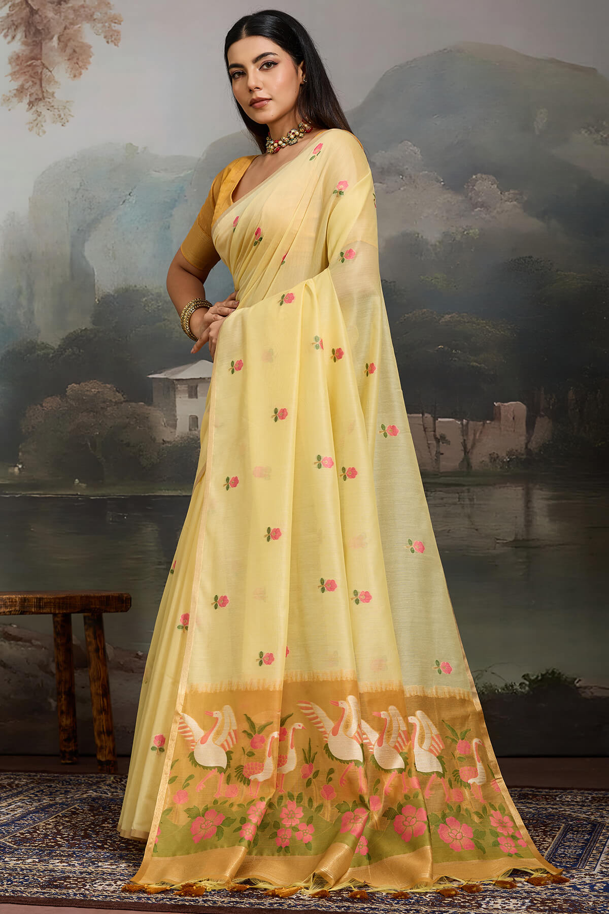 Engaging Yellow Pure Munga Cotton Silk Saree With Enigmatic Blouse Piece