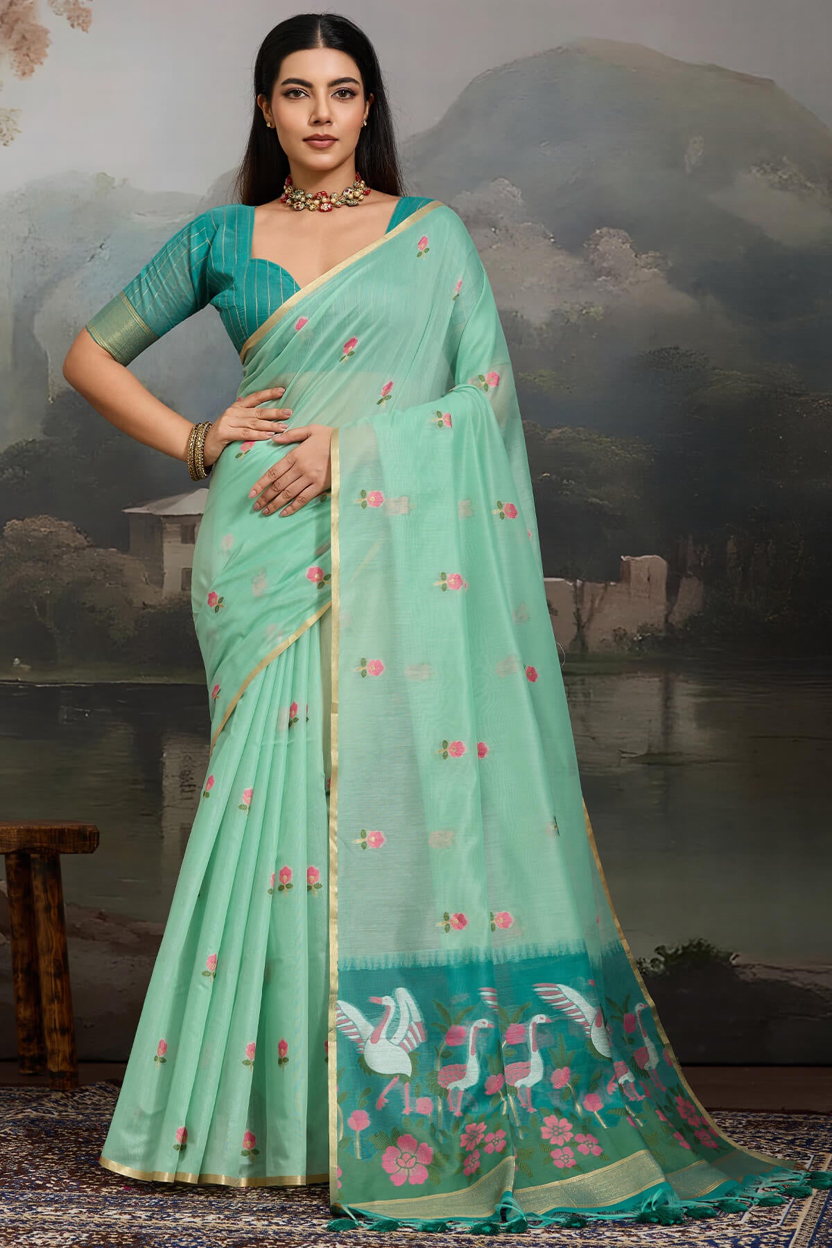 Unequalled Sea Green Pure Munga Cotton Silk Saree With Dazzling Blouse Piece