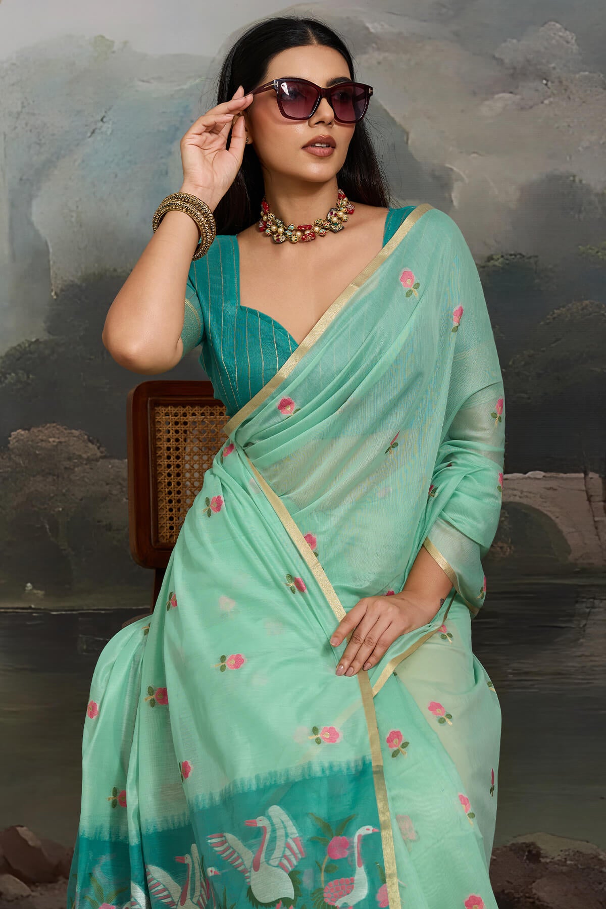 Unequalled Sea Green Pure Munga Cotton Silk Saree With Dazzling Blouse Piece