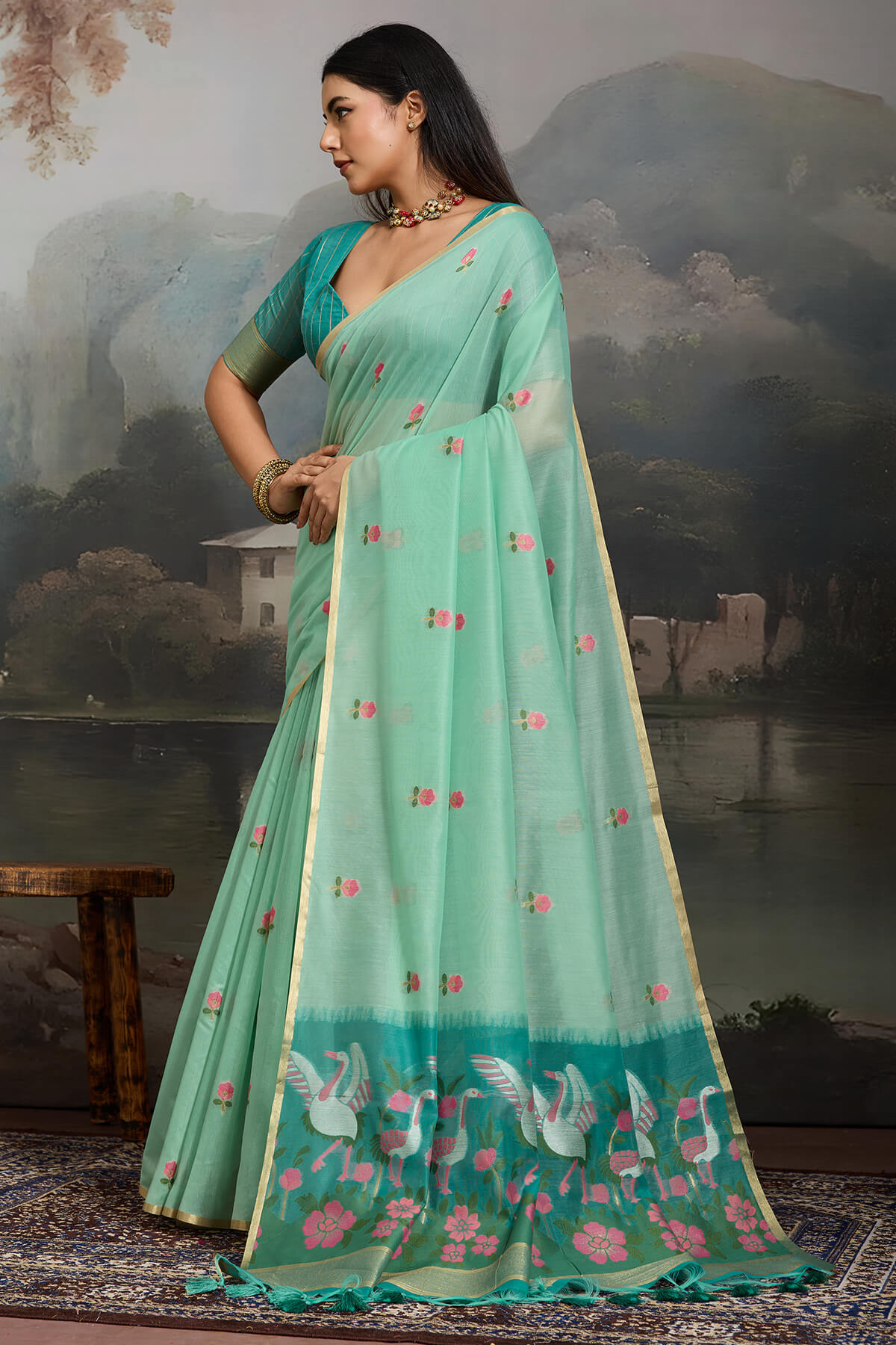 Unequalled Sea Green Pure Munga Cotton Silk Saree With Dazzling Blouse Piece