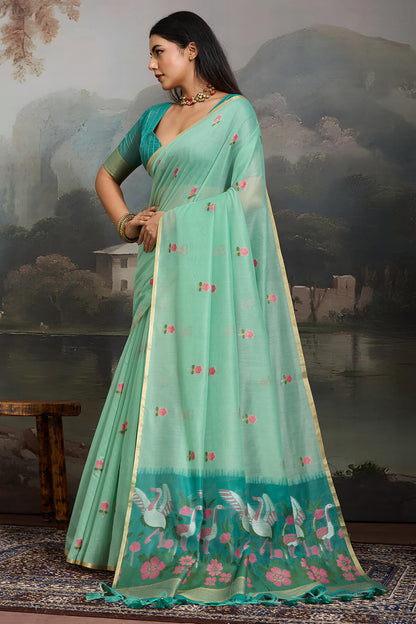 Unequalled Sea Green Pure Munga Cotton Silk Saree With Dazzling Blouse Piece