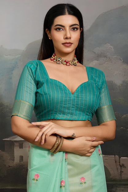 Unequalled Sea Green Pure Munga Cotton Silk Saree With Dazzling Blouse Piece