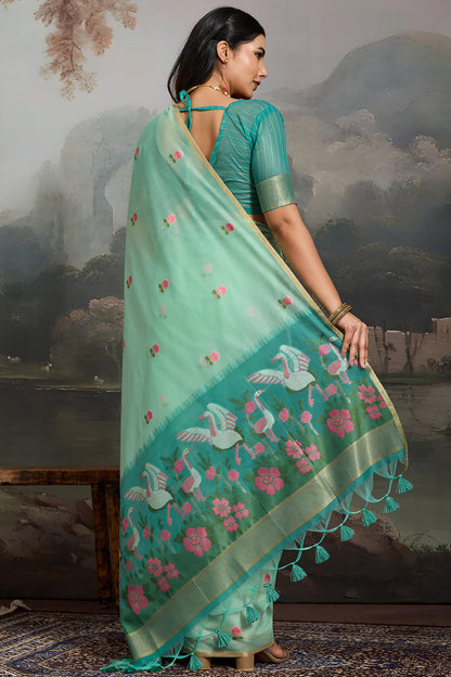 Unequalled Sea Green Pure Munga Cotton Silk Saree With Dazzling Blouse Piece