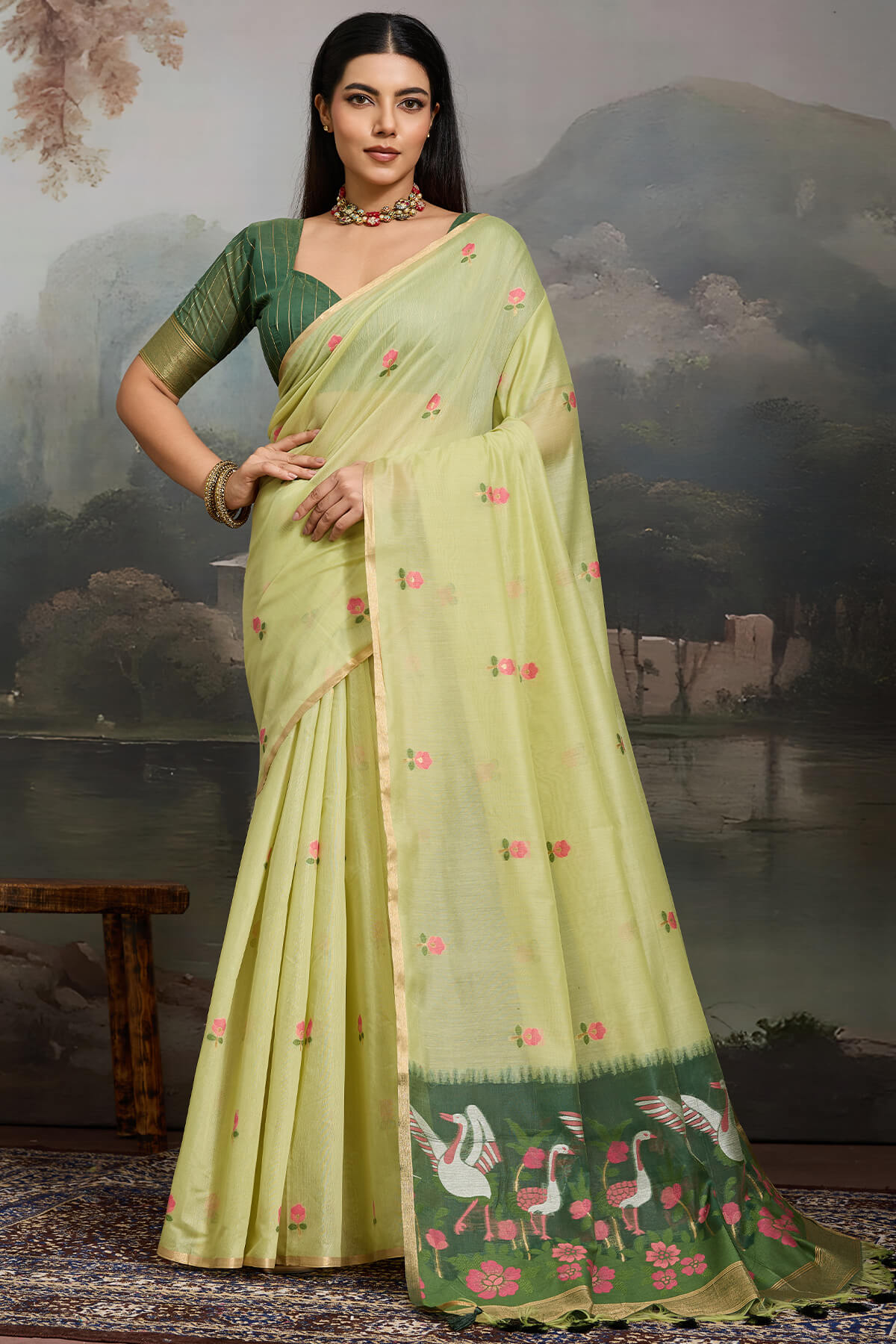 Angelic Pista Pure Munga Cotton Silk Saree With Fairytale Blouse Piece