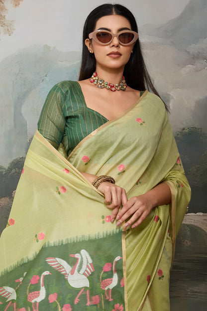 Angelic Pista Pure Munga Cotton Silk Saree With Fairytale Blouse Piece