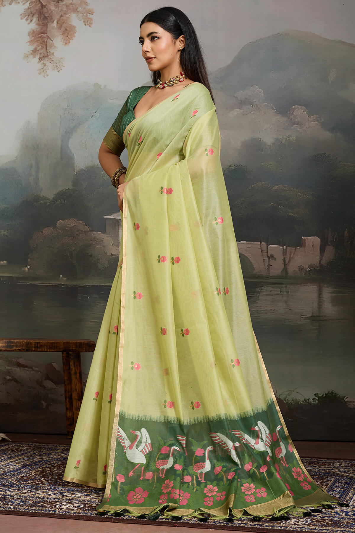 Angelic Pista Pure Munga Cotton Silk Saree With Fairytale Blouse Piece