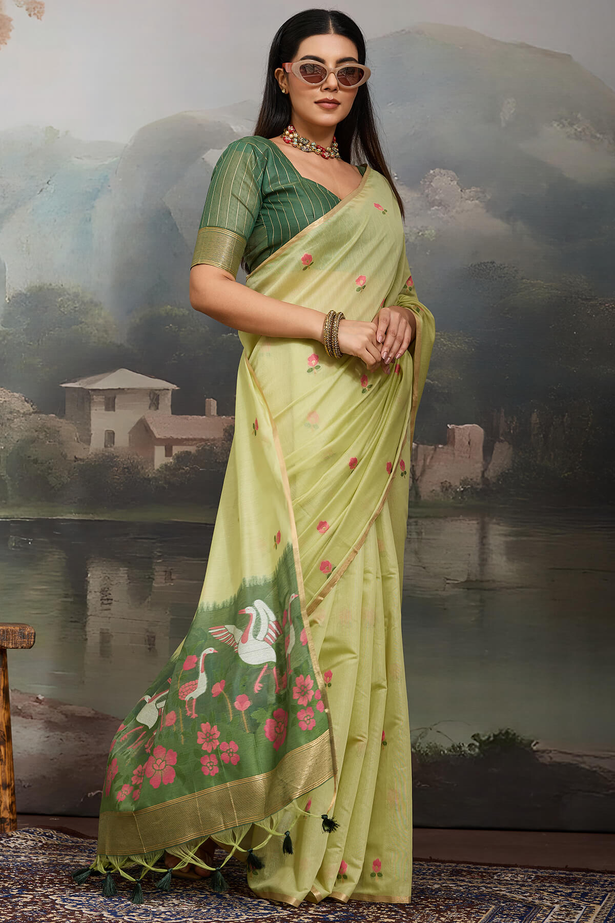 Angelic Pista Pure Munga Cotton Silk Saree With Fairytale Blouse Piece