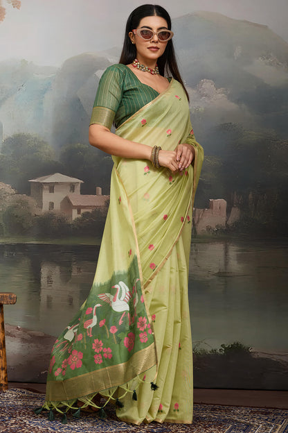 Angelic Pista Pure Munga Cotton Silk Saree With Fairytale Blouse Piece