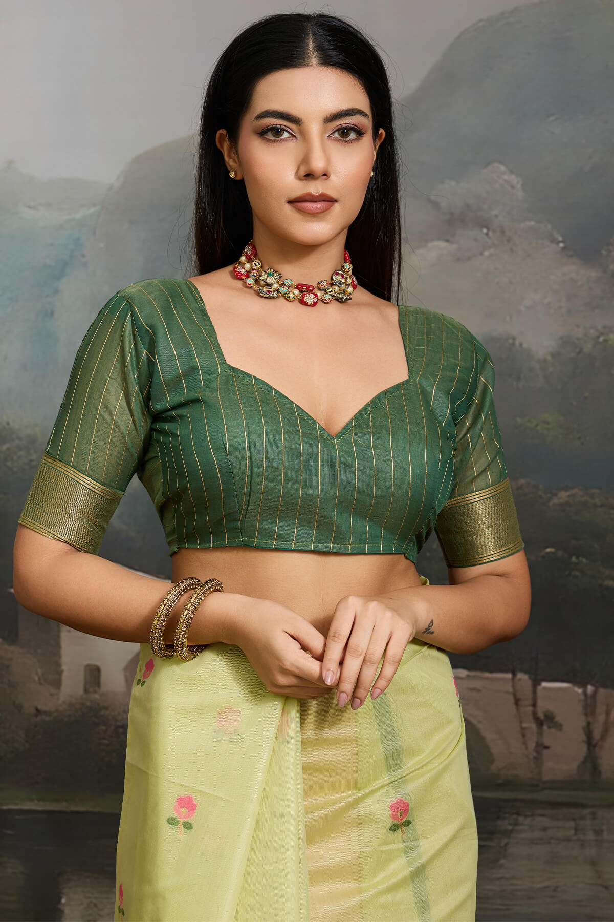 Angelic Pista Pure Munga Cotton Silk Saree With Fairytale Blouse Piece