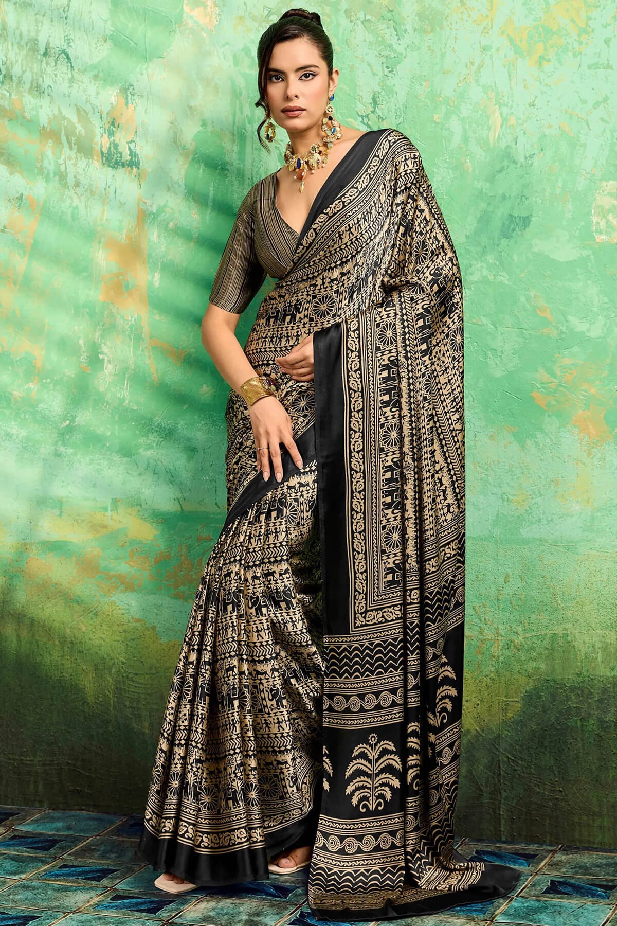 Epiphany Black Ajrakh Printed Satin Silk Saree With Luxuriant Blouse Piece
