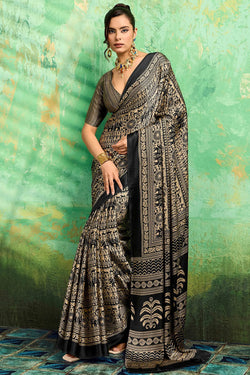 Epiphany Black Ajrakh Printed Satin Silk Saree With Luxuriant Blouse Piece