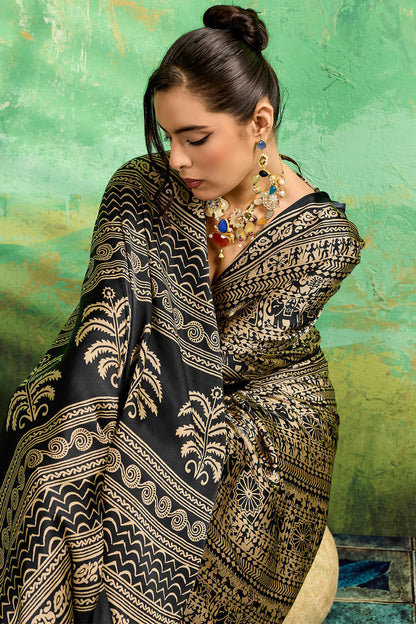 Epiphany Black Ajrakh Printed Satin Silk Saree With Luxuriant Blouse Piece