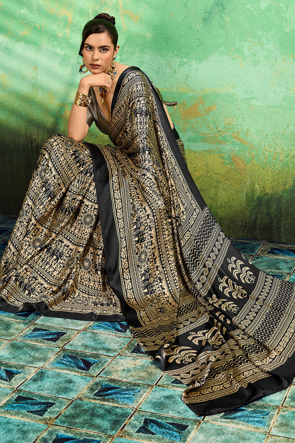 Epiphany Black Ajrakh Printed Satin Silk Saree With Luxuriant Blouse Piece