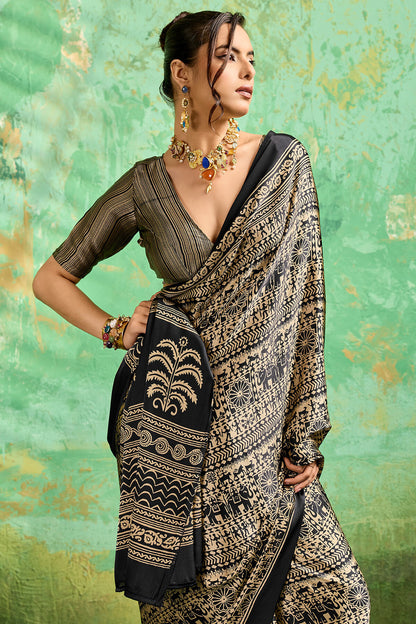 Epiphany Black Ajrakh Printed Satin Silk Saree With Luxuriant Blouse Piece