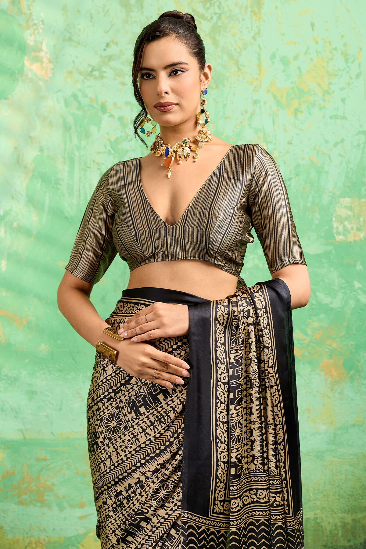 Epiphany Black Ajrakh Printed Satin Silk Saree With Luxuriant Blouse Piece