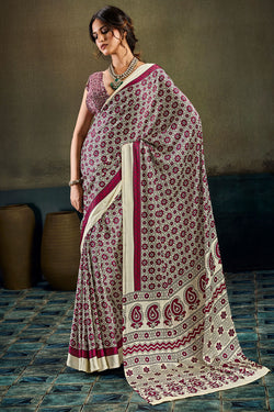 Trendy Beige Ajrakh Printed Satin Silk Saree With Gleaming Blouse Piece