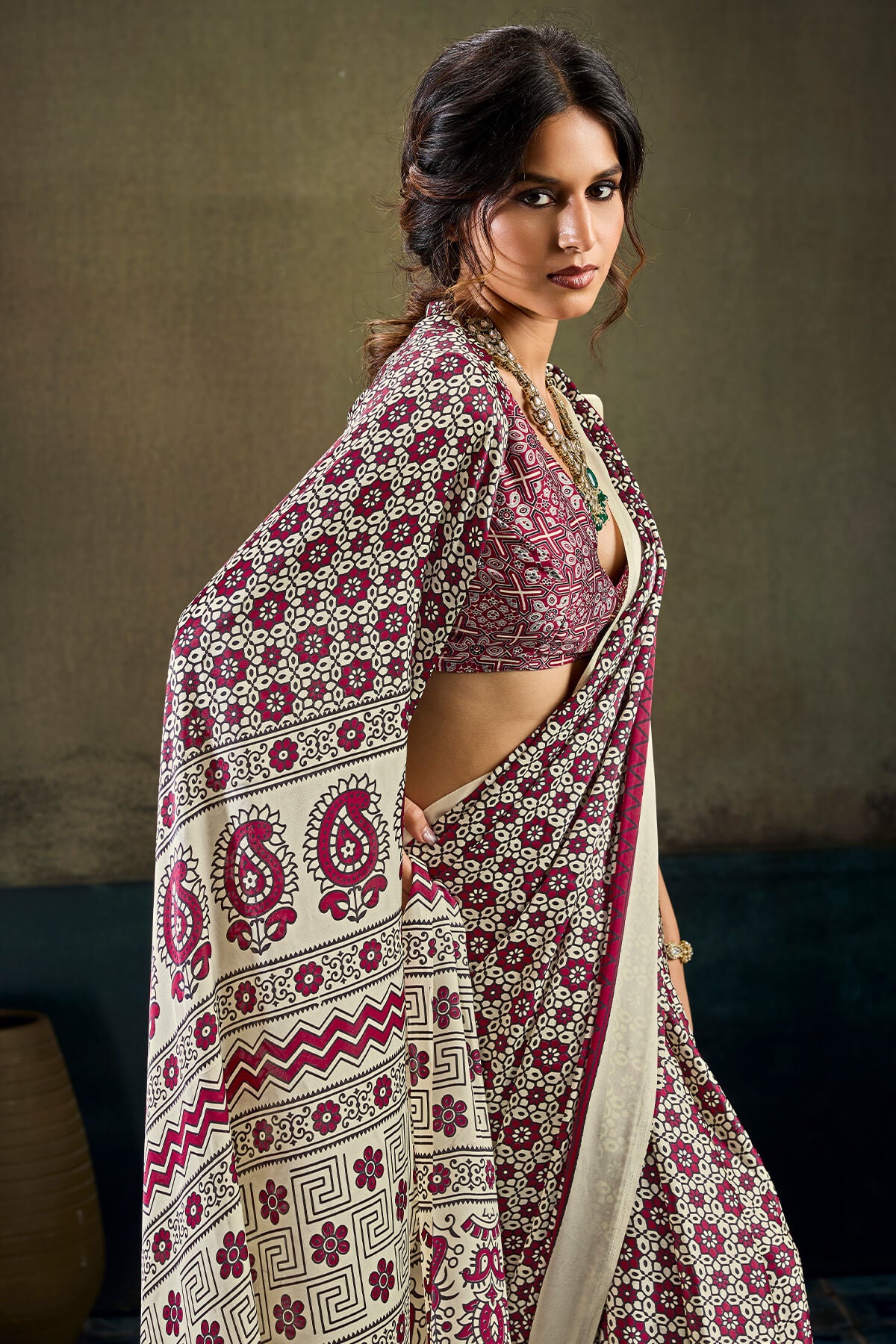Trendy Beige Ajrakh Printed Satin Silk Saree With Gleaming Blouse Piece