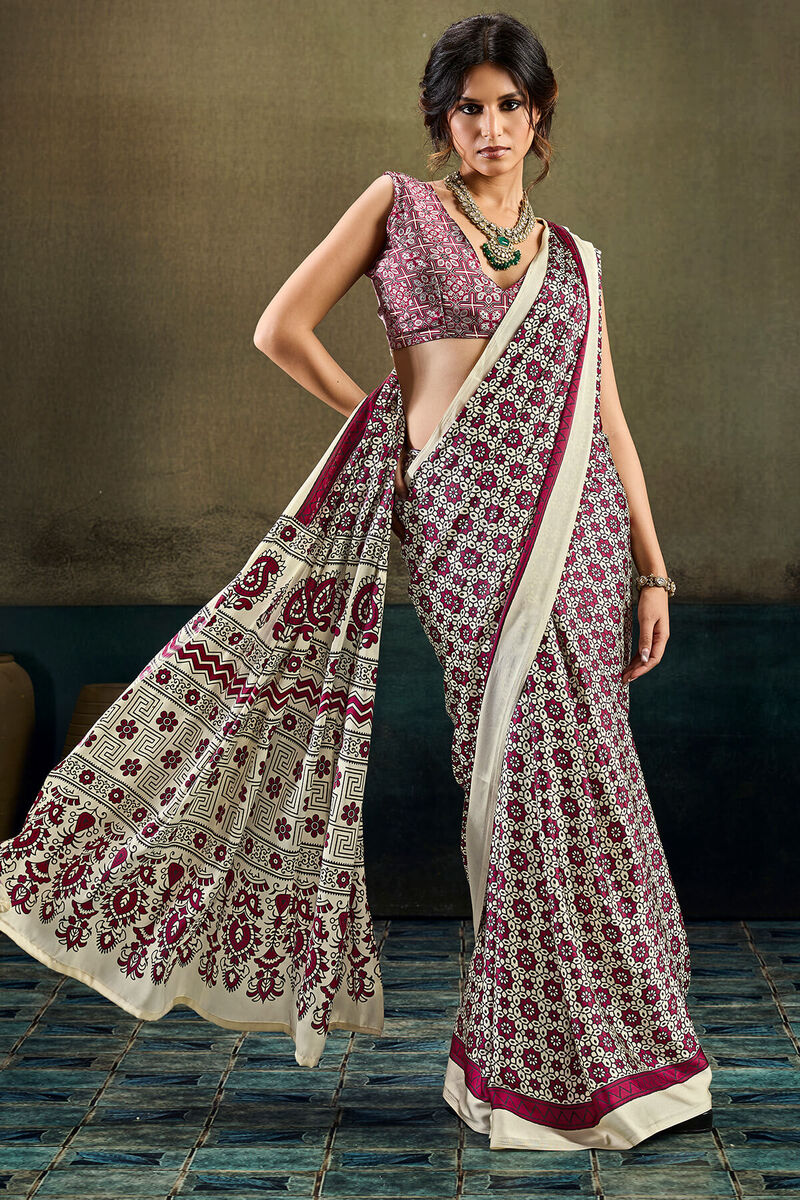 Trendy Beige Ajrakh Printed Satin Silk Saree With Gleaming Blouse Piece