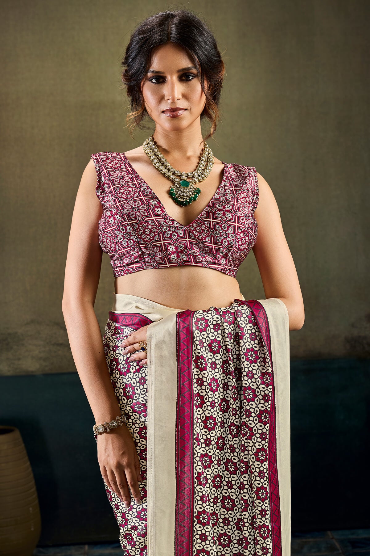 Trendy Beige Ajrakh Printed Satin Silk Saree With Gleaming Blouse Piece