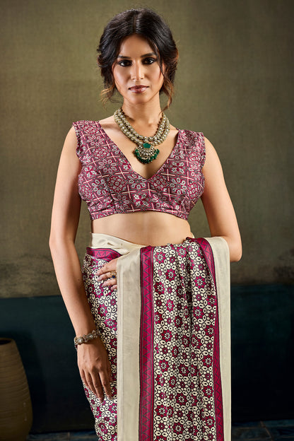 Trendy Beige Ajrakh Printed Satin Silk Saree With Gleaming Blouse Piece