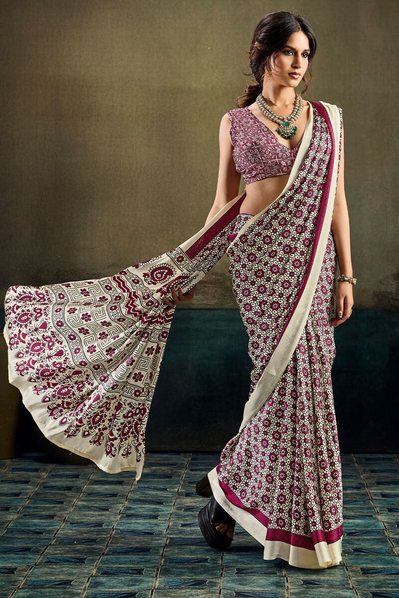Trendy Beige Ajrakh Printed Satin Silk Saree With Gleaming Blouse Piece