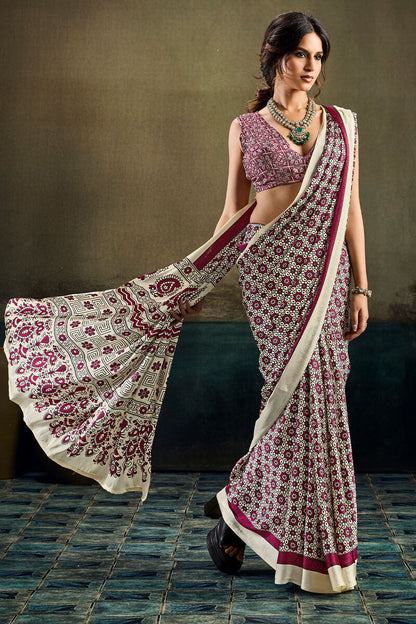 Trendy Beige Ajrakh Printed Satin Silk Saree With Gleaming Blouse Piece