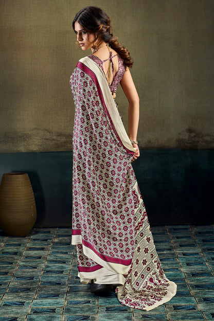 Trendy Beige Ajrakh Printed Satin Silk Saree With Gleaming Blouse Piece