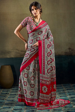 Sophisticated Dark Pink Ajrakh Printed Satin Silk Saree With Piquant Blouse Piece