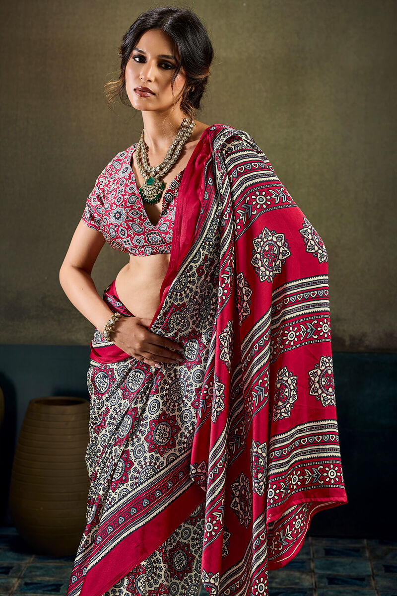 Sophisticated Dark Pink Ajrakh Printed Satin Silk Saree With Piquant Blouse Piece