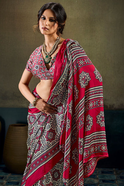 Sophisticated Dark Pink Ajrakh Printed Satin Silk Saree With Piquant Blouse Piece