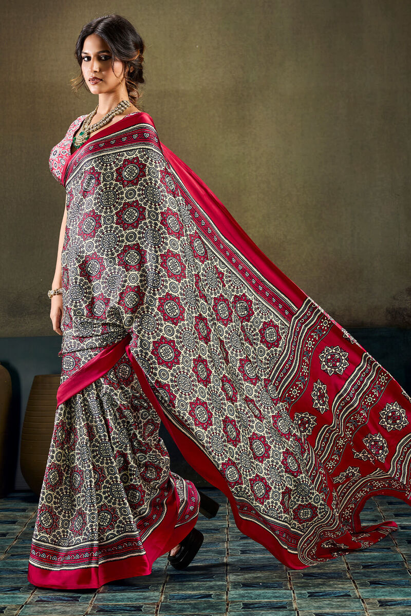 Sophisticated Dark Pink Ajrakh Printed Satin Silk Saree With Piquant Blouse Piece