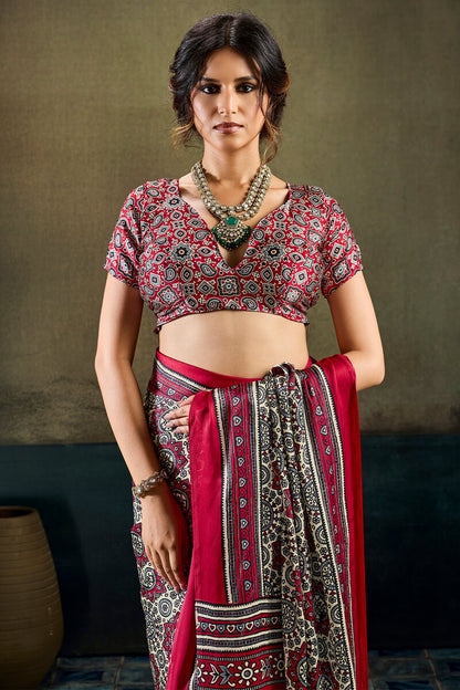 Sophisticated Dark Pink Ajrakh Printed Satin Silk Saree With Piquant Blouse Piece